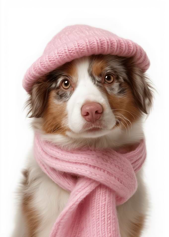 Cozy Miniature American Shepherd with Pink Hat and Scarf