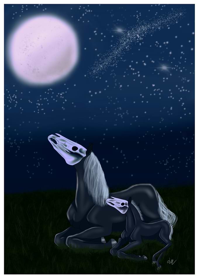 Skeletal Horse Family Under Moonlight
