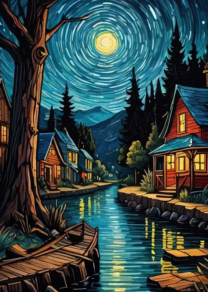 Nighttime Village by the River