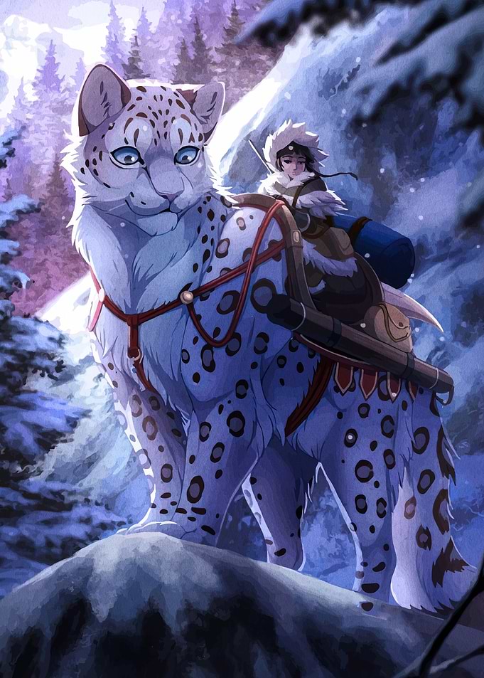 Snow Leopard and Rider in Winter