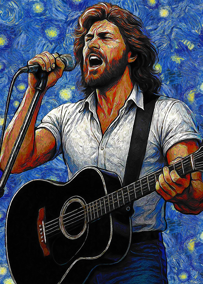 Singer with Guitar in Starry Night