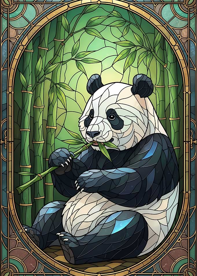 Panda eating bamboo in stained glass