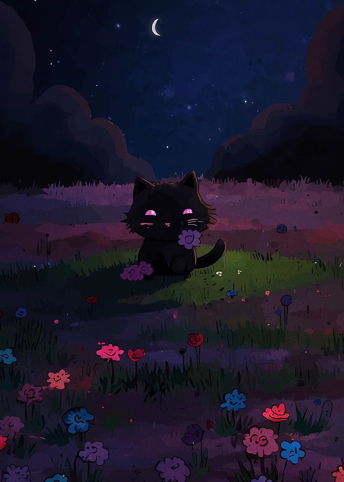 Black Cat in Flower Field