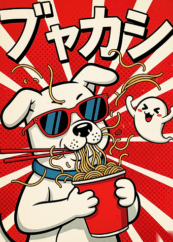 Dog eating ramen with ghost friend