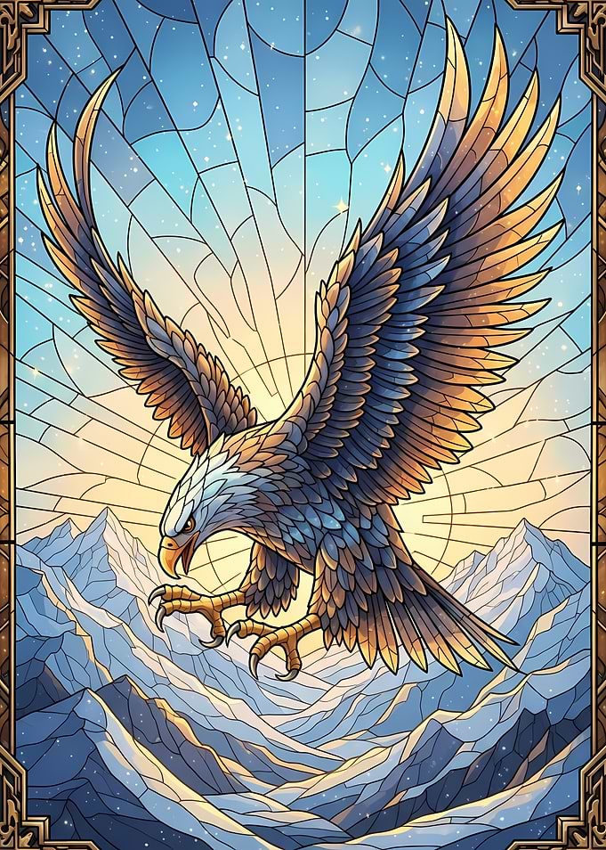 Stained Glass Eagle Over Mountains