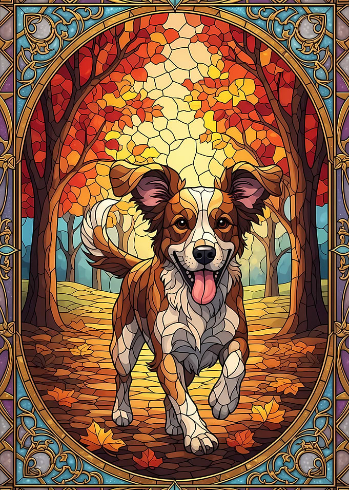 Stained Glass Dog in Autumn