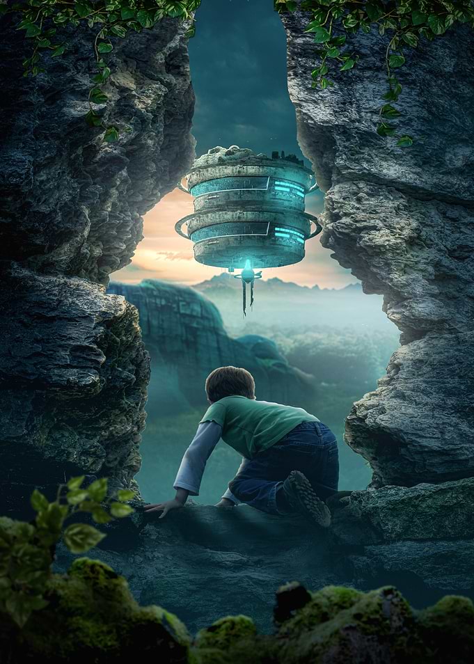 Boy Watching UFO from Cave Entrance