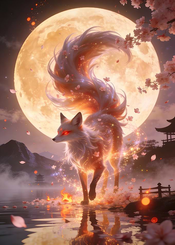 Nine tailed fox spirit under full moon