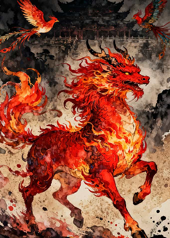 Qilin and Phoenixes Asian Landscape