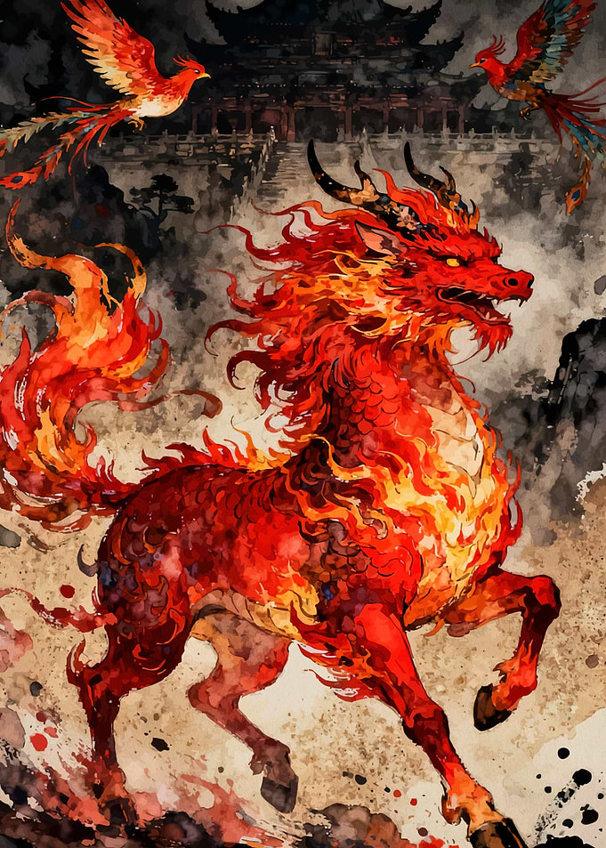 Qilin and Phoenixes Asian Landscape