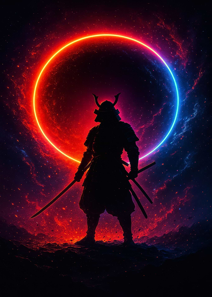 Samurai Silhouette with Neon Circle