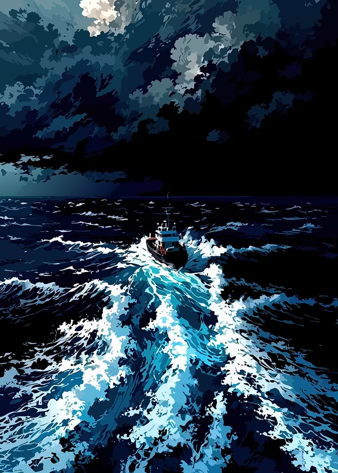 Ship sailing through stormy sea