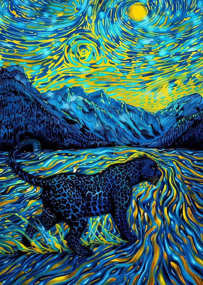Blue Panther in Starry Night Landscape