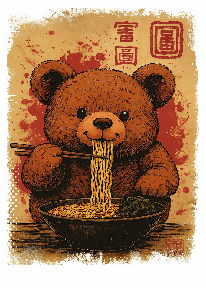 Teddy Bear Eating Ramen Noodles