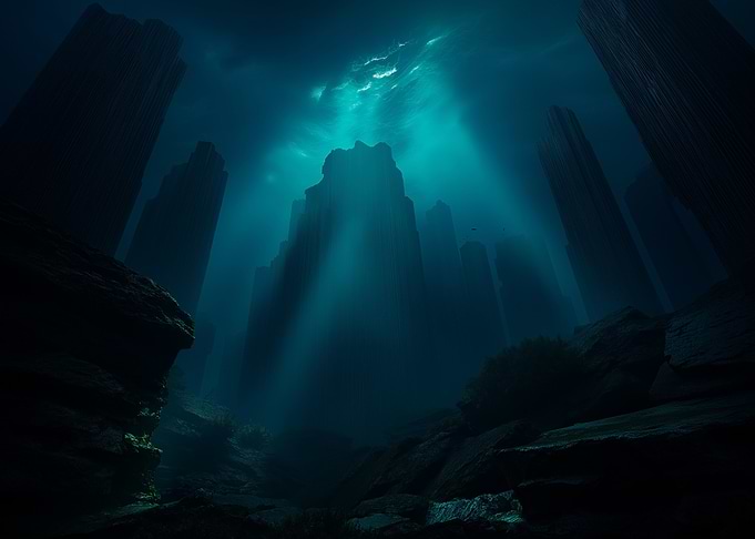 Underwater Cityscape with Light Rays