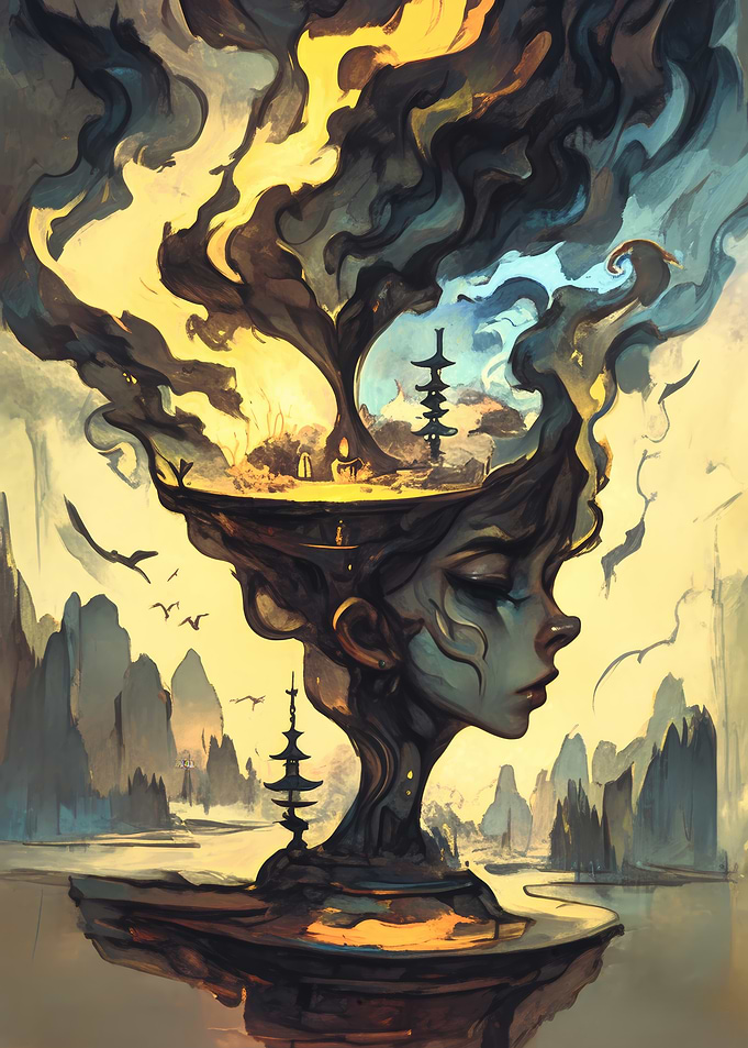 Dreamscape: Woman, Pagodas, and Smoky Sky