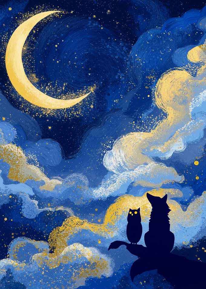 Night Sky with Owl and Wolf