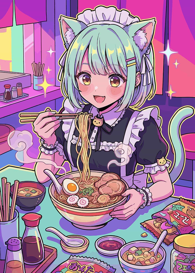Anime Cat Girl Eating Ramen