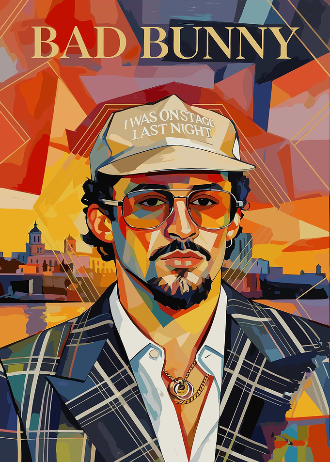 Bad Bunny Portrait with Geometric Background