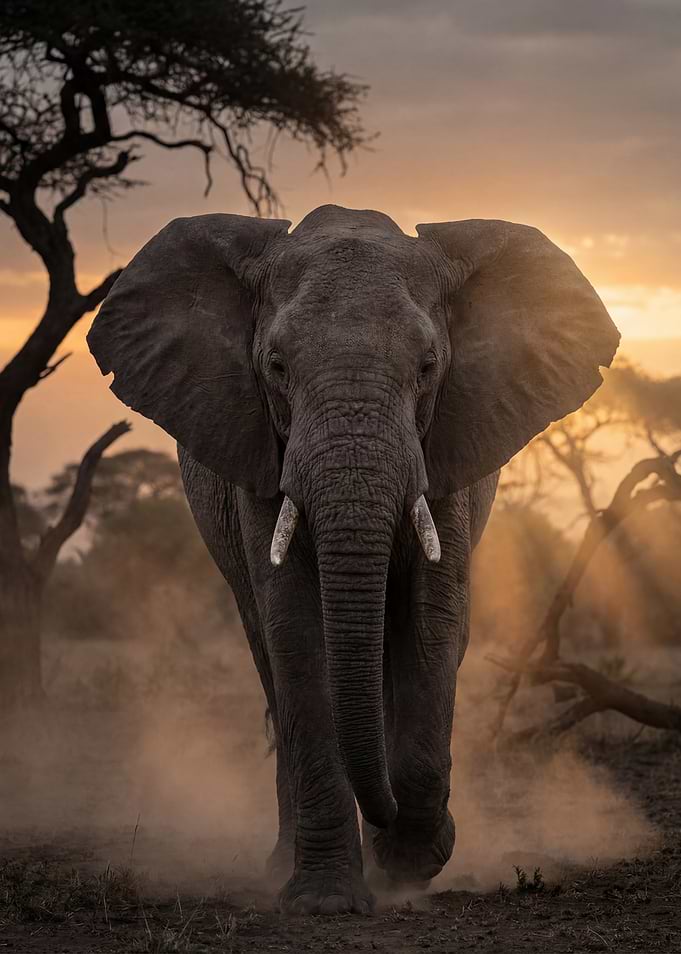 Elephant Walking at Sunset