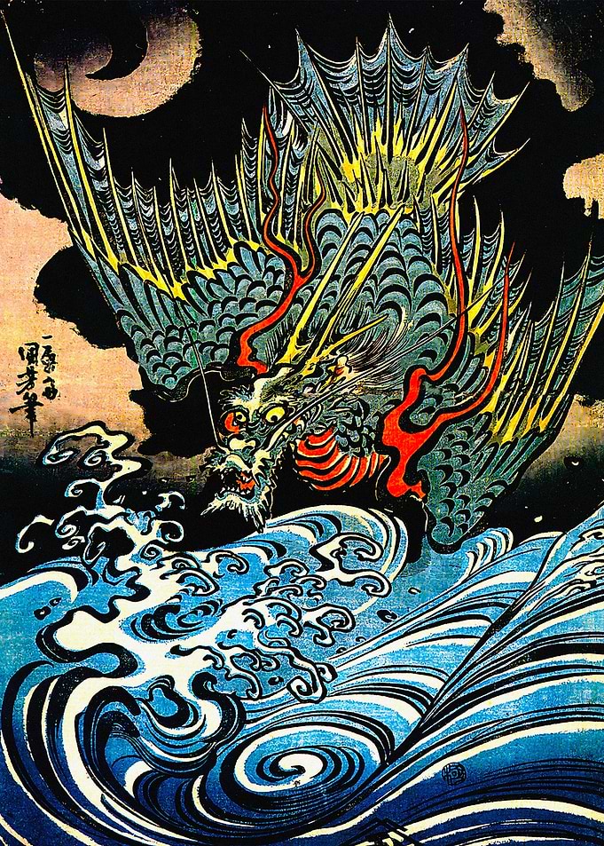 Japanese Dragon Over Ocean Waves