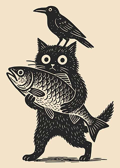 Cat, Crow, and Fish Illustration