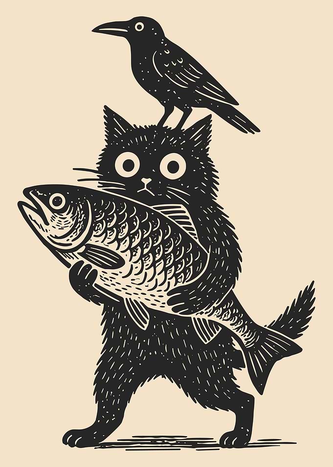 Cat, Crow, and Fish Illustration
