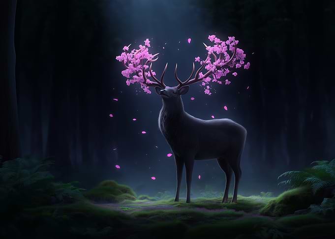 Deer with Cherry Blossoms in Forest
