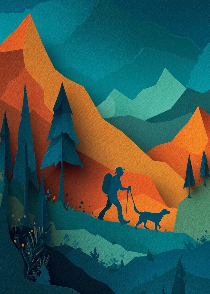 Hiker and Dog in Mountain Landscape