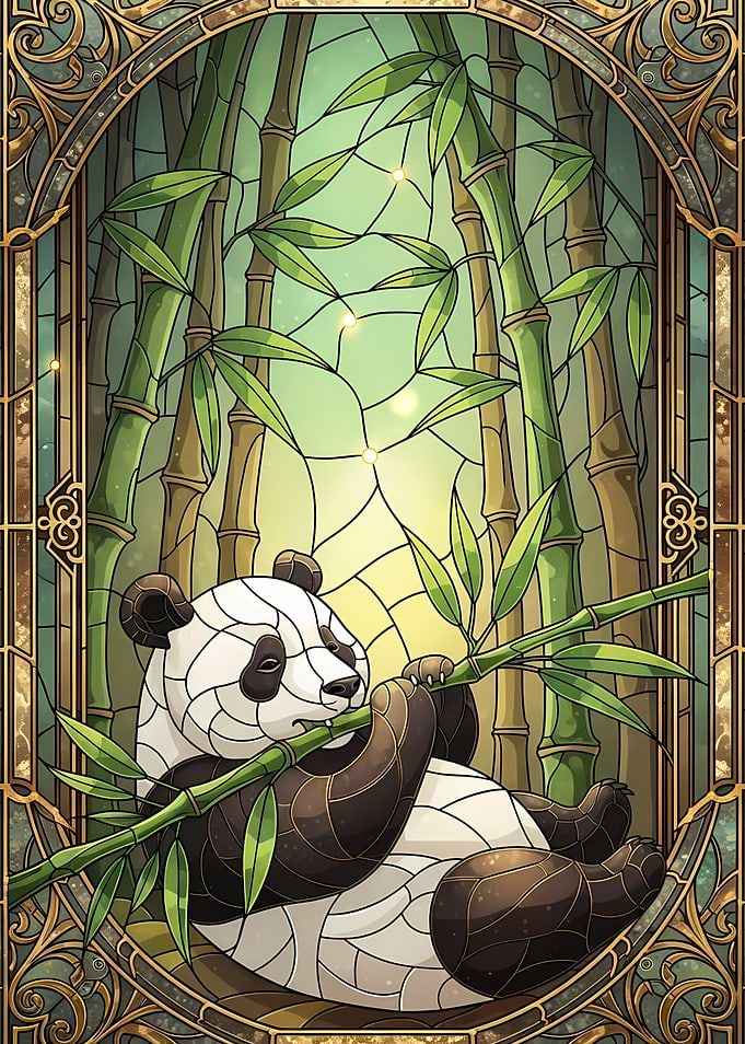 Panda in Bamboo Forest Stained Glass