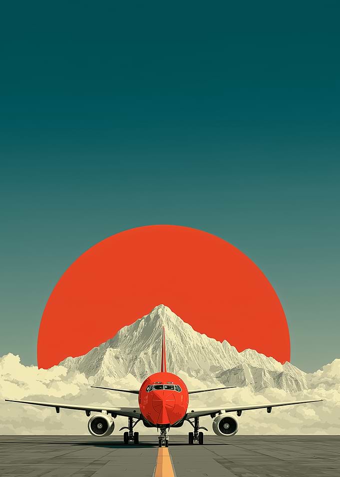 Red Airplane with Mountain and Sun