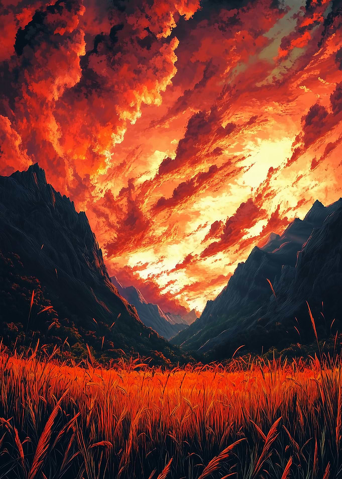 Fiery Sky Over Mountain Valley