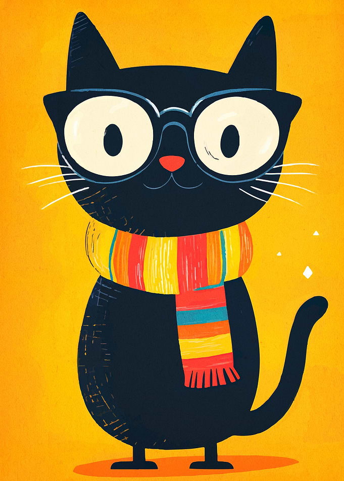 Cartoon Cat with Glasses and Scarf