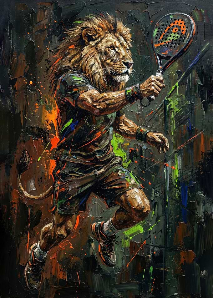 Lion playing padel tennis painting