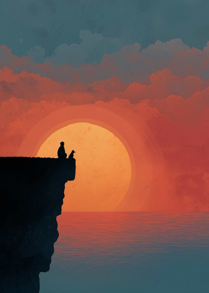 Cliffside Silhouette with Dog at Sunset