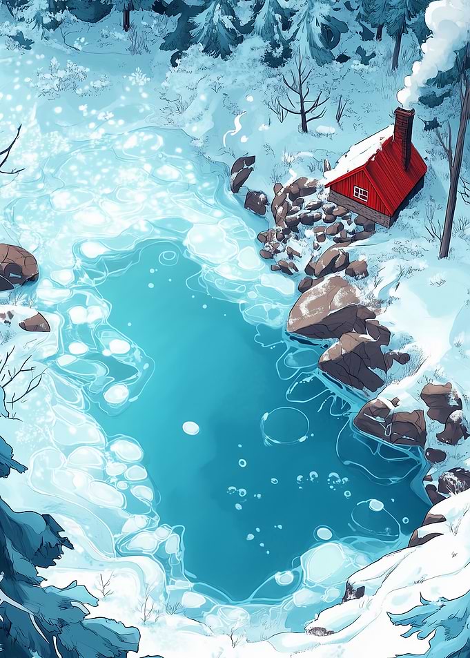 Winter Cabin by Frozen Lake
