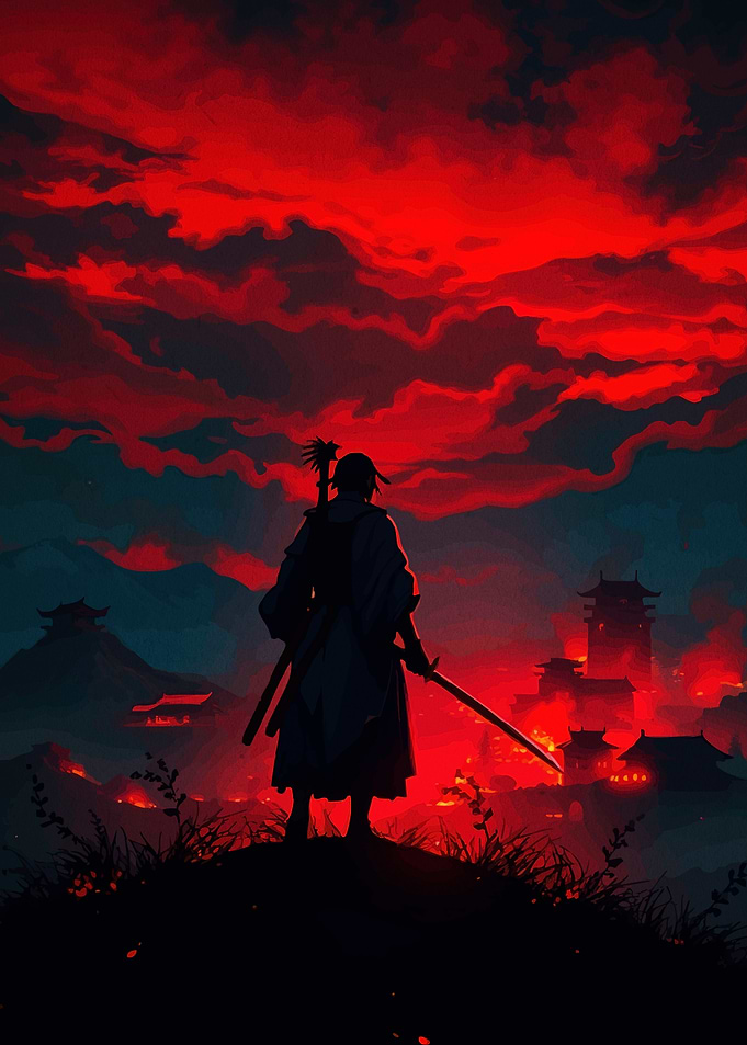 Samurai Silhouette Against Burning Landscape