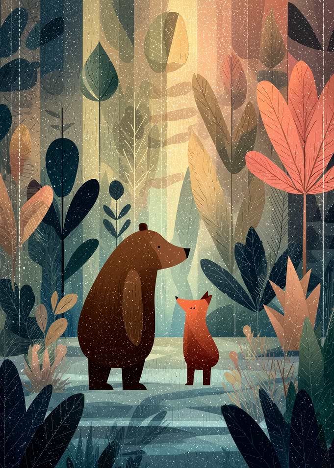 Bear and Fox in Forest
