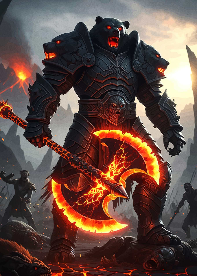 Armored Bear Warrior Fiery Axe