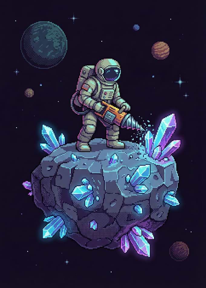 Pixel Art Astronaut Mining Crystals in Space