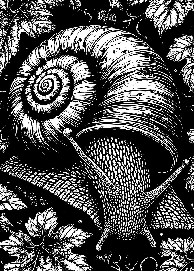 Monochrome Snail Amidst Leaves