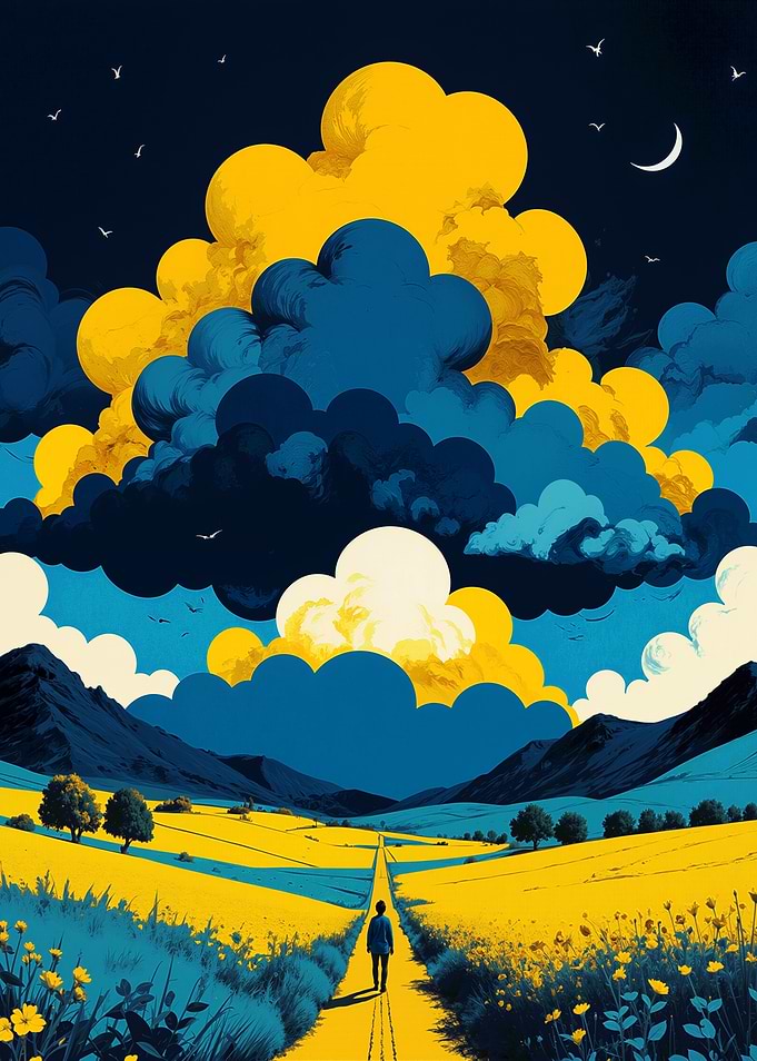 Yellow Fields and Cloudy Sky