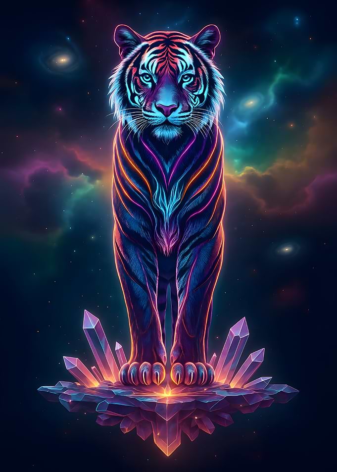 Cosmic Neon Tiger on Crystal Throne – Glowing Galactic Warrior