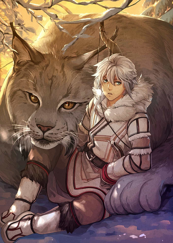 Boy and Lynx in Winter Forest