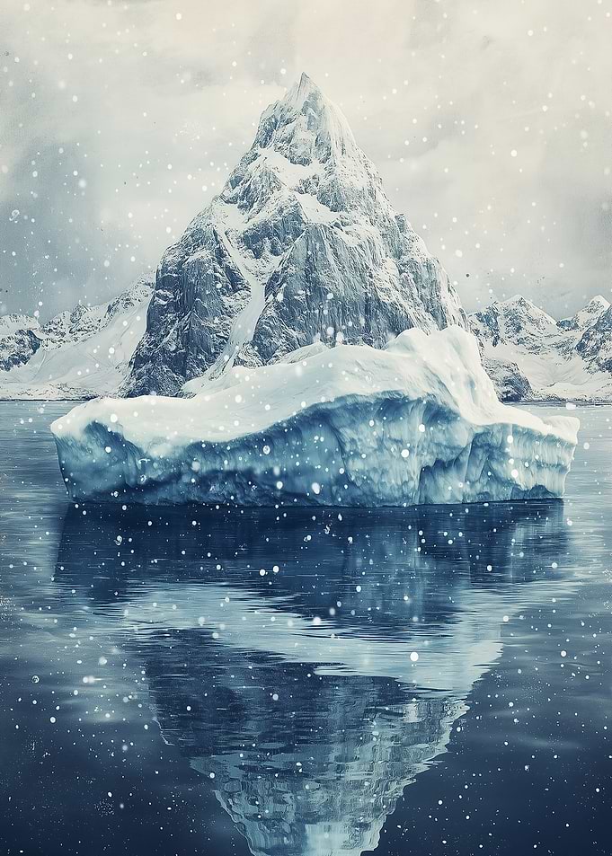 Iceberg and Mountain in Snowy Landscape
