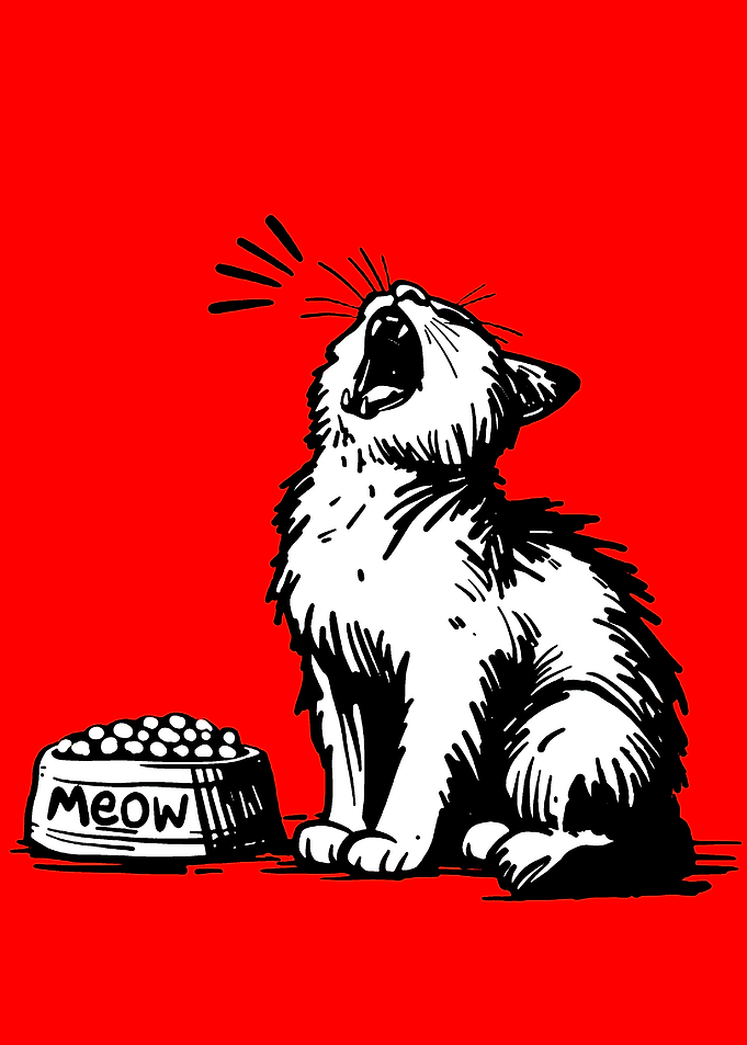 Meowing Cat with Food Bowl