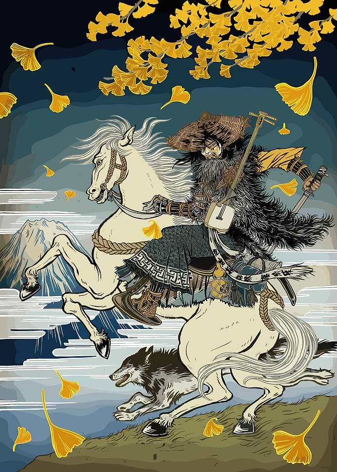 Samurai on Horseback with Wolf