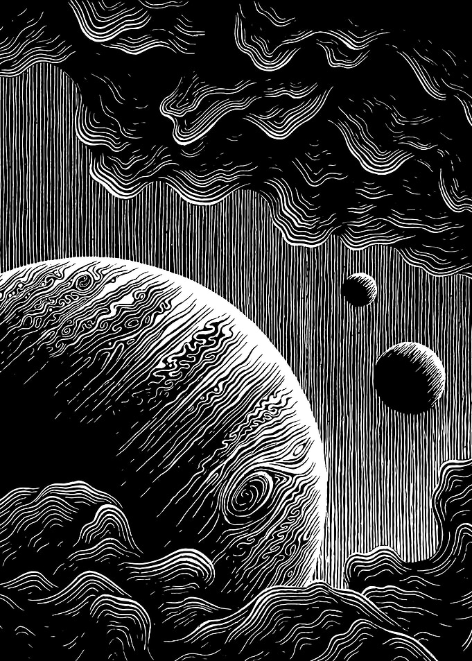 Monochrome Space Landscape with Planets