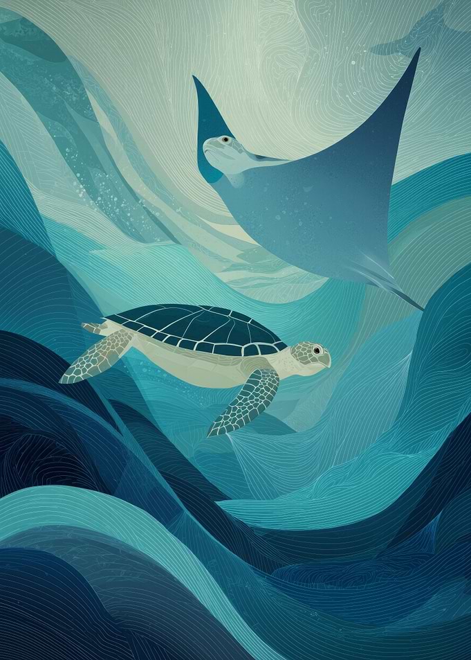 Sea Turtle and Ray