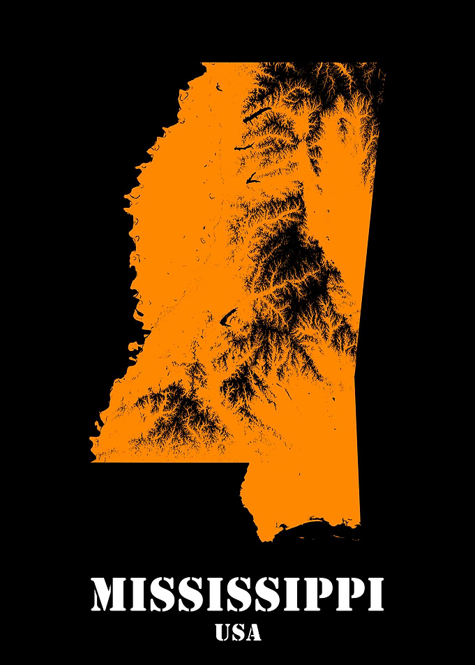 Mississippi USA State Minimalist Black Orange Topographic Contour Relief Map featuring terrain in orange color
